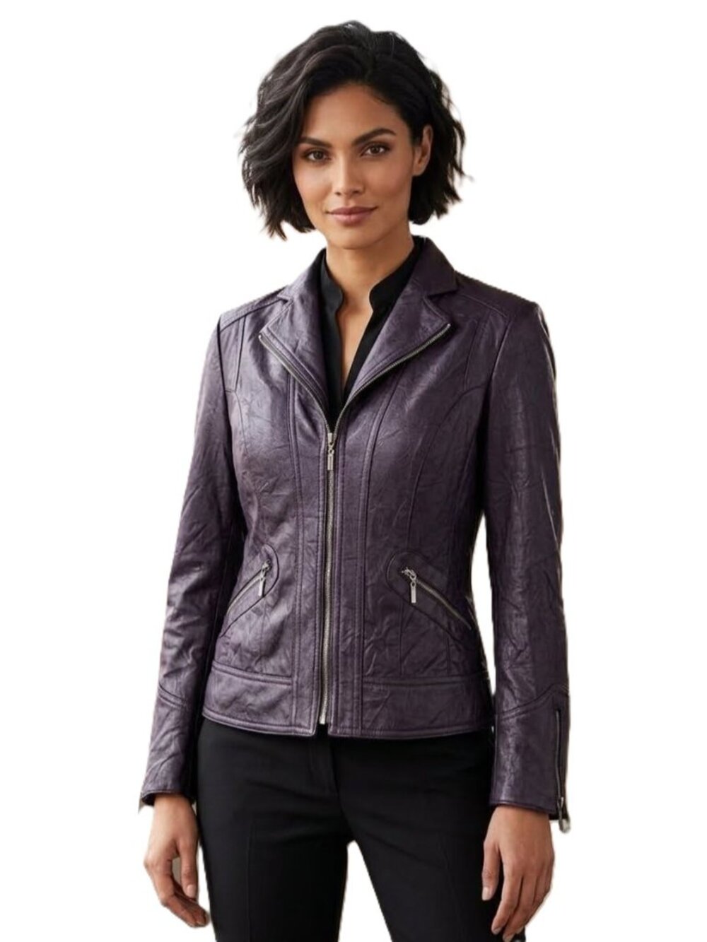 Conrad C Petite 8 Dark Plum Faux Leather Jacket Moto Whimsigoth Zipper Accent